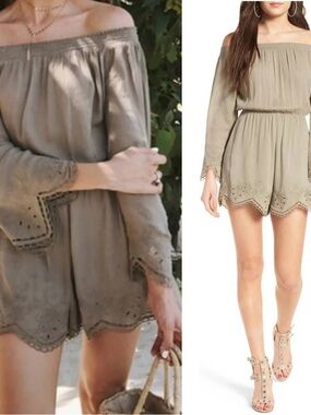 Astr Taupe Off-Shoulder Eyelet Romper